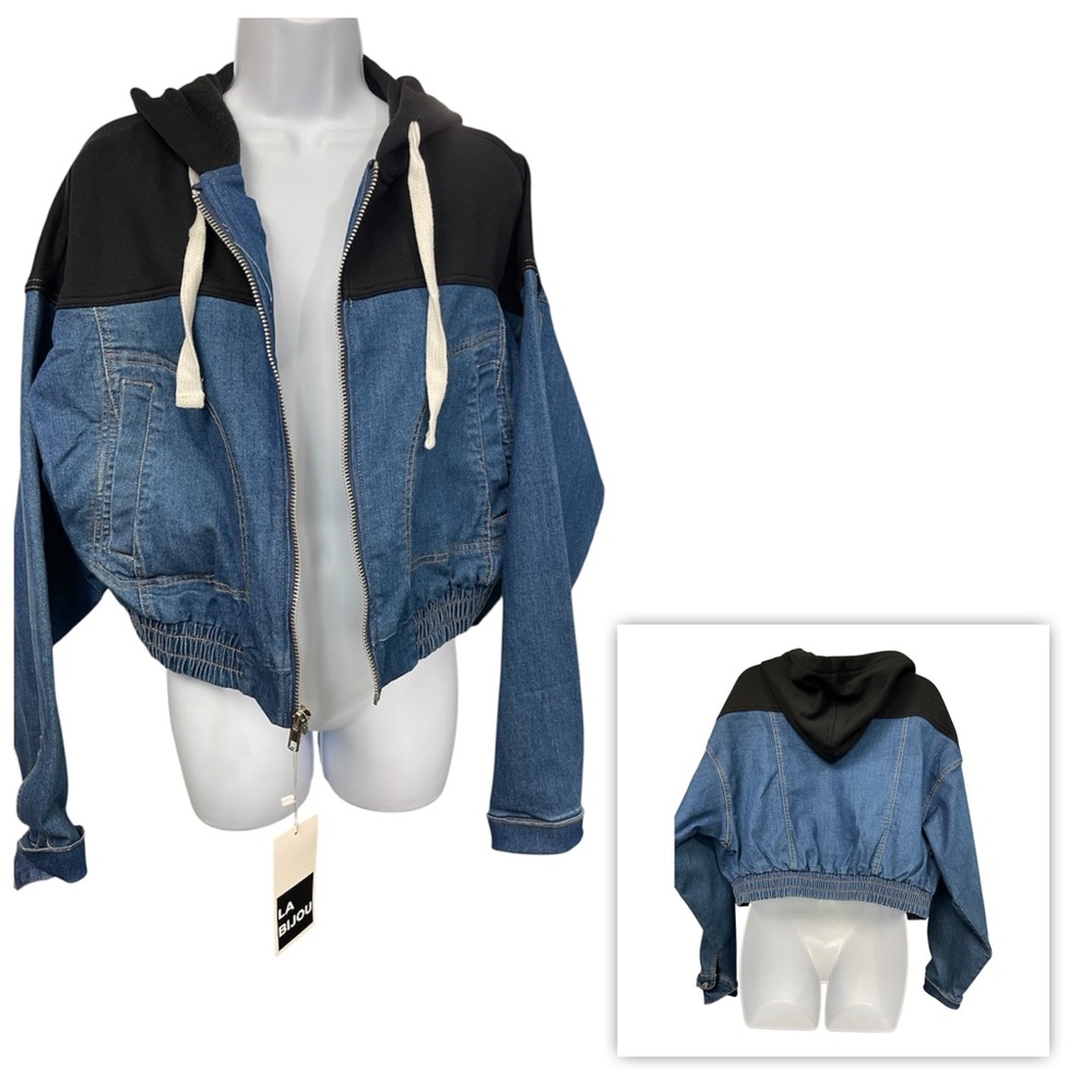 Blue NEW Denim Jean Hoodie Jacket zipper LABIJOU-Sz S Heather Black over size